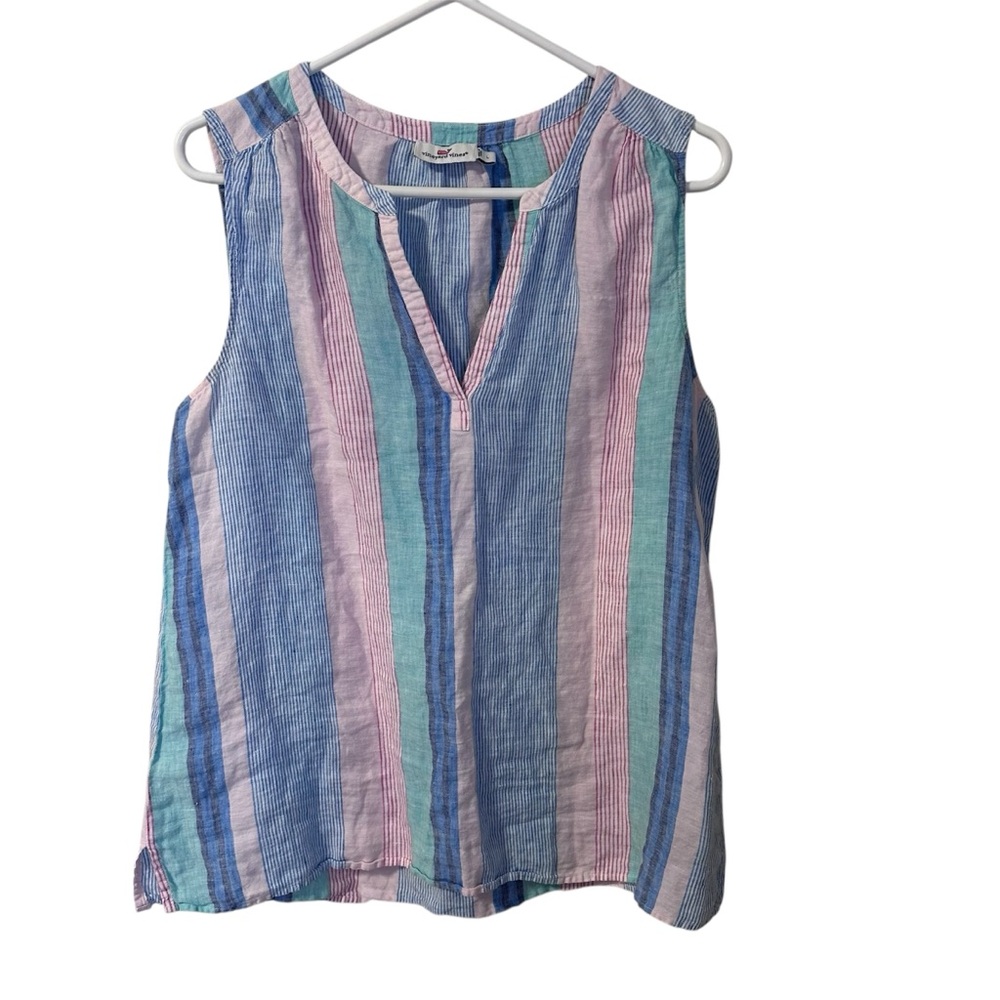 Vineyard Vines Linen Sleeveless Top Large Pastel Coastal Striped V-Neck Shell